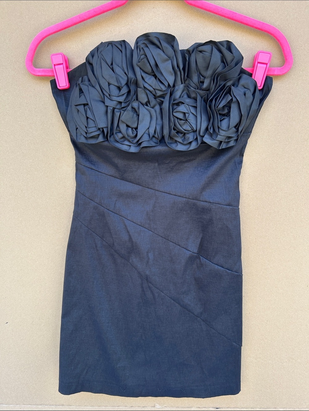 Forever 21 Black Strapless Mini Dress Rosette Bodice Small Stretchy Satin Zip Up